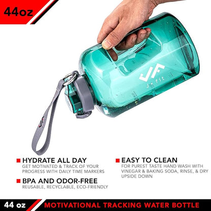JFIT BPA Free Reusable Sports Water Bottle w/Time Markers, Leakproof Flip-Top Lid & Carry Strap – Durable PETG, 2.28" Wide-Mouth for Ice – Eco-Friendly, Odor-Free & Easy to Clean