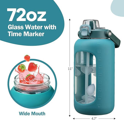 72oz Glass Water Bolttles, 3-in-1 Straw and Sip Spout Handle Lid, Half Gallon Water Bottle with Time Marker and Silicone Sleeve, BPA-Free Sports Water Bottle for Gym, School, Peacock Blue