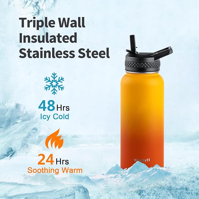 32 oz Insulated Water Bottle with Straw, Stainless Steel Triple Wall Vacuum Sports Water Jug, Leakproof Hydro Cup Flask with Paracord Handle & Straw Spout Lids & DIY Stickers