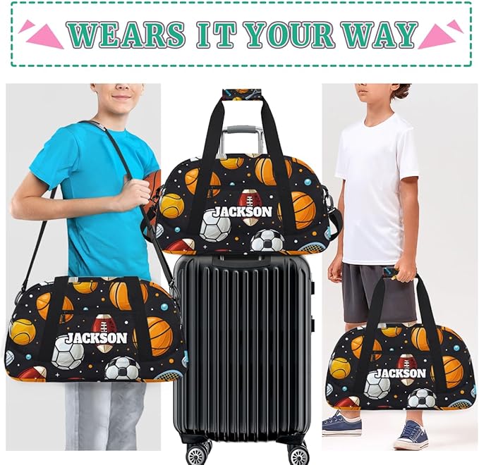 Personalized Ball Gym Duffel Bags for Kids Boys with Custom Name Sport Training Travel Bags for Overnight Weekender