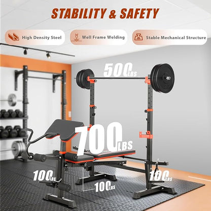 1500LB 8 IN 1 Weight Bench with Lat Pulldown and Leg Extension/Curl, Foldable Bench Press with Preacher Curl & Rack, Workout Benches with Safety Bar Catches for Home Gym(US Stock)