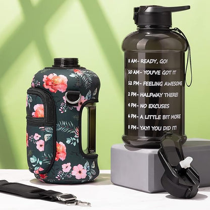 Fimibuke Half Gallon Water Bottle with Sleeve 64 OZ Water Bottle with Handle & Straw Leakproof Motivational Sports Gym Water Bottle with Time Marker BPA Free Water Jug with Reusable Neoprene Holder