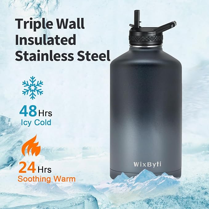 One Gallon Water Bottle Insulated, Triple Wall Vacuum Cold for 48 Hrs & Leak-proof & Non-BPA, 128oz Large Sports Stainless Steel Water Jug with Paracord Handle Straw Spout Lids & DIY Stickers