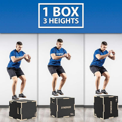Synergee 3 in 1 Non-Slip Plyometric Box for Jump Training and Conditioning. Wooden Plyo and Soft Plyo Box All In One Jump Trainer. Sizes 20/18/16, 16/14/12
