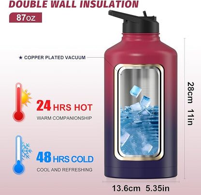 87oz Insulated Water Bottle (Cold for 48 Hrs),BPA Free&Leak Proof,1.5 Gallon Stainless Steel Water Flask,Water Jug with Straw Spout Lids for Gym,Hiking,Camping,Red Purple