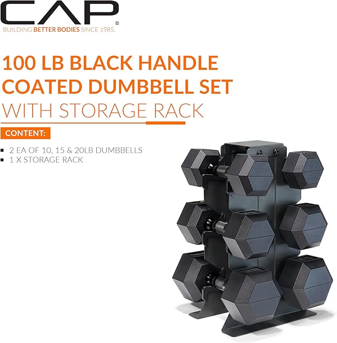 CAP Barbell Rubber Coated Hex Dumbbell Set with Vertical Rack | 100-300 lbs Free Weights Dumbbells Set for Home Gym | Multiple Options