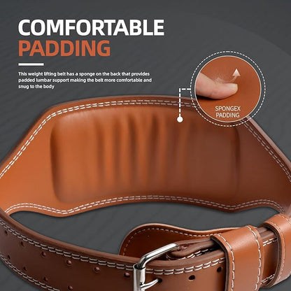 Genuine Leather Weight Lifting Belt, 4”& 6” Padded Lumbar Back Support, 10 Adjustable Holes, Gym Weight Belt Ideal for Deadlift, Powerlifting, Bodybuilding and Squat