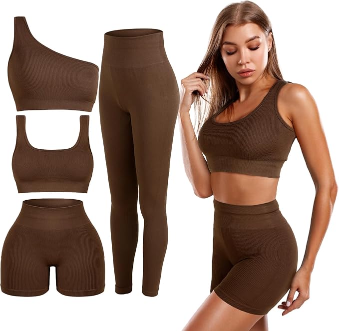 4 Pcs Women's Workout Sets Pilates Exercise Outfit Ribbed Scoop Neck Sports Bra Shorts Leggings Gym Clothes Set