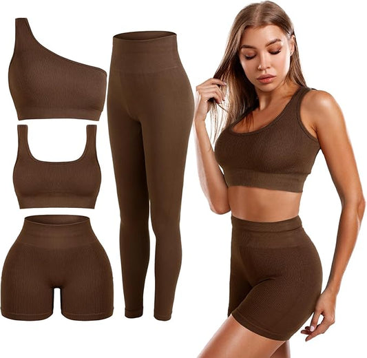 4 Pcs Women's Workout Sets Pilates Exercise Outfit Ribbed Scoop Neck Sports Bra Shorts Leggings Gym Clothes Set