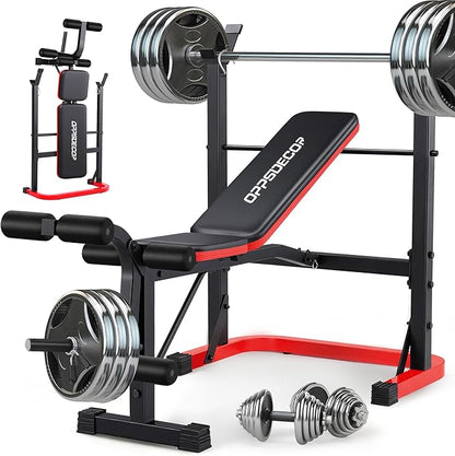 OPPSDECOR Foldable Weight Bench Set with Preacher Curl Pad and Squat Rack, 660LBS Adjustable Bench Press with Leg Extension and Leg Curl, Incline Decline Home Gym Bench for Women Teens Full Body Strength Training