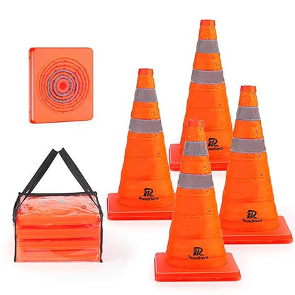 RoadHero 18 Inch 4 Pack Collapsible Traffic Safety Cones, Multi Purpose Pop-up Cones with Reflective Collar for Road Safety, Orange Cones for Driving Training, Parking Lots