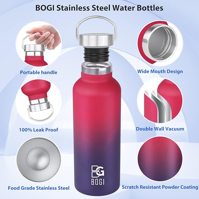 BOGI 20oz Insulated Stainless Steel Water Bottles - 2 Pack Wide Mouth Leakproof with Straw and Handle, BPA Free for School, Fitness, Outdoor Sports