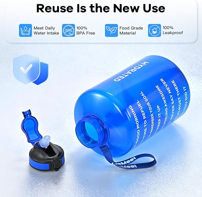 1 Gallon Water Bottle with Handle, 128oz LeakProof Reusable Gym Water Bottle with Capacity Scale, BPA Free, Ideal for Gym and Outdoor Life (Blue)