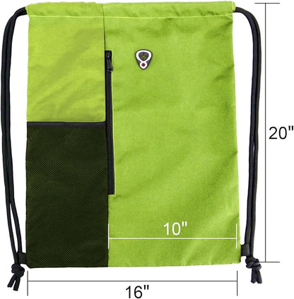BeeGreen Lime Drawstring Backpack Gym Bag For Men & Women – Sports Sackpack with Mesh Water Bottle Holder & 2 Zippered Pockets – Large 16x20 Inch Cinch String Backpack Workout Bag for Running, Travel