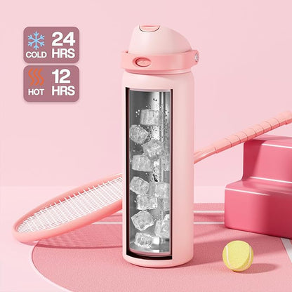POWCAN 32 oz Insulated Water Bottle for Travel: 2-in-1 Lid with Push-Button Spout & Quick-Flip Straw, Leakproof, Keep Cold 24Hrs, Vacuum Stainless Steel for Travel, Trip, Hiking, Sport (Cotton Candy)
