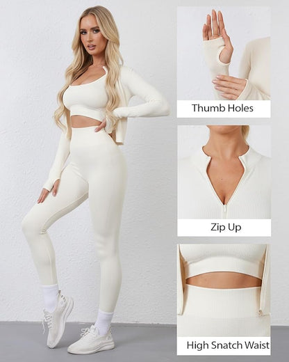 Women 3 Piece Seamless Workout Set Sports Bra High Waisted Gym Yoga Leggings Zip Up Jacket with Thumbhole Activewear