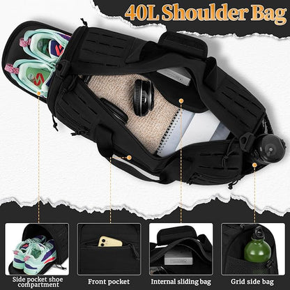 GMAK Military Tactical Duffle Bag for Men, 40L Sports Gym Bag with Shoe Compartment, Carry on Tote Travel Duffle Bag for Weekender Overnight Gym Workout Training Basketball Football, Black