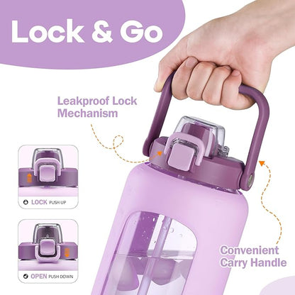 72oz Glass Water Bolttles, 3-in-1 Straw and Sip Spout Handle Lid, Half Gallon Water Bottle with Time Marker and Silicone Sleeve, BPA-Free Sports Water Bottle for Gym, School, Lilac