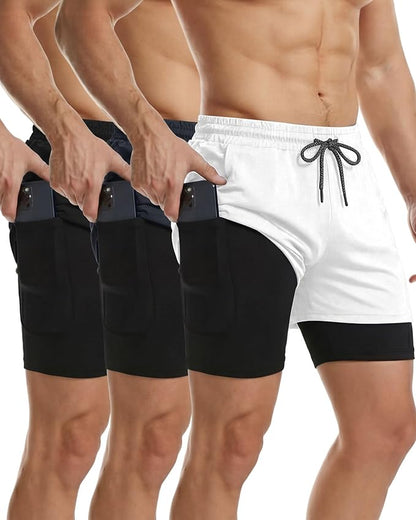 Sureio 3 Pcs Men's 2 in 1 Workout Running Shorts 5 Inch Quick Dry Athletic Gym Shorts with Liner and Side Pockets Towel Loop