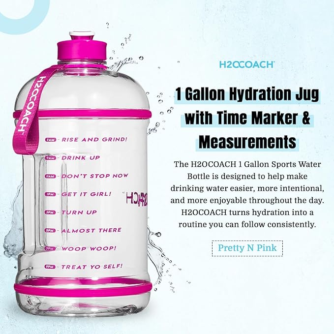 H2OCOACH 1 Gallon Hydration Jug with Time Marker & Measurements, BPA-Free Tritan Sports Drink Container, Motivational Daily Intake Tracker for Gym, Workout, & Fitness Routines (128 oz, Pretty N Pink)