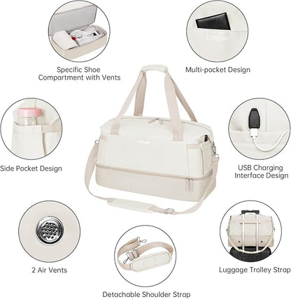 Gym Bag for Women, Sports Travel Duffel Bag with USB Charging Port, Weekender Overnight Bag with Wet Pocket and Shoes Compartment for Women, Travel, Gym, Yoga (Khaki) Medium