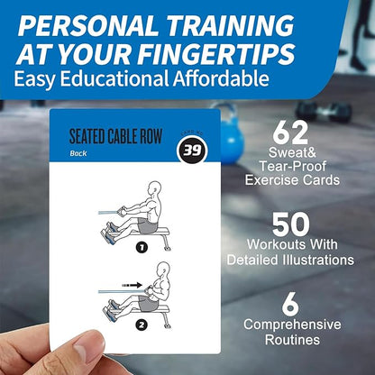 Cable Workout Cards, 62 Exercises Cards Deck Large Size 5" x 3.5" Fitness Cards for Women & Men, Beginner Fitness Guide to Training Exercises at Home or Gym