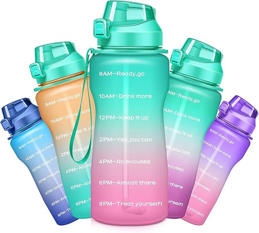 Gallon Motivational 64/100 oz Water Bottle with Time Marker & Straw, Large Daily Water Jug for Fitness Gym Outdoor Sports, Remind of All Day Hydration, Leak Proof, BPA Free (green+pink, 100oz)
