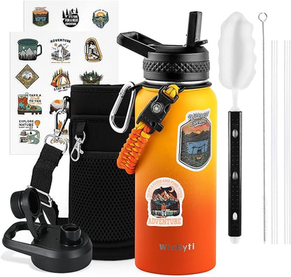 32 oz Insulated Water Bottle with Straw, Stainless Steel Triple Wall Vacuum Sports Water Jug, Leakproof Hydro Cup Flask with Paracord Handle & Straw Spout Lids & DIY Stickers