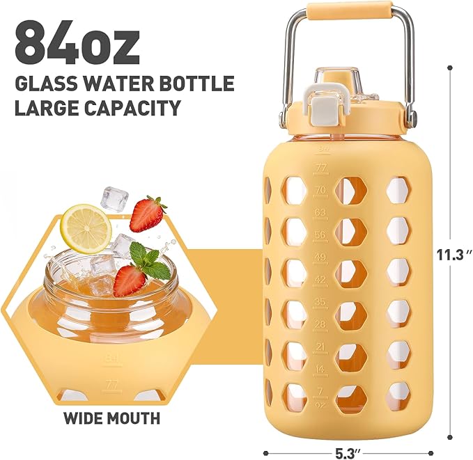 MUKOKO 84 oz Glass Water Bottles,2.5 Liter Gallon Drinking Bottle with Handle,Large Glass Water Jug with Silicone Sleeve for Gym Sports,Time Marker,Wide Mouth,Yellow