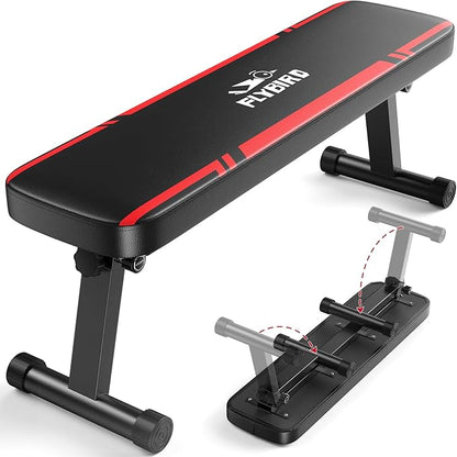 FLYBIRD Foldable Flat Weight Bench For Home Gym, Sturdy Strength Training Workout Bench, Space-saving Bench Press Flat Exercise Bench, Easy to Assemble