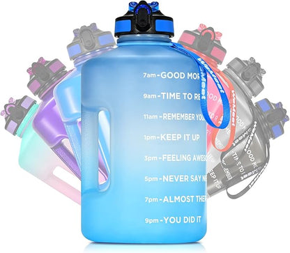 128oz Large Water Bottle with Straw and Time Marker, BPA FREE, 1 Gallon Reusable Motivational Water Bottle, for Gym, Travel, Camping, Hiking (Blue Blue)