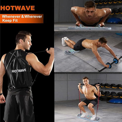 HOTWAVE Portable Exercise Equipment with 16 Gym Accessories,20 in 1 Push Up Board Fitness,Resistance Bands with Ab Roller Wheel,at Home Workout for Men