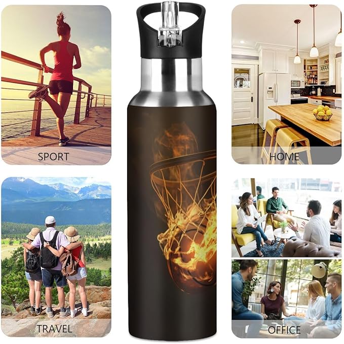 Flaming Basketball Net Water Bottle Vacuum Insulated Stainless Steel Mug Kids Water Bottle with Straw and Handle Keep Hot Cold Sport Bike Fit Travel Outdoor 20 oz