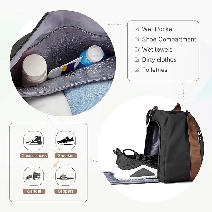 Gym Bag for Women Men with Shoes Compartment,Sports Duffle Bag Personal item travel Duffel Bags Tote Bag Small Carry on Weekender Overnight Bags Workout Dance Bag Hospital Holdalls Black Brown
