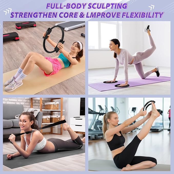 24 Pcs Home Pilates Essentials Kit for Women, Pilates Equipment Ring and Ball Set with Stretching Strap, Water Bottle, Magic Circle, Yoga Ring, Gym Bag, Resistance Band, Anti Slip Socks