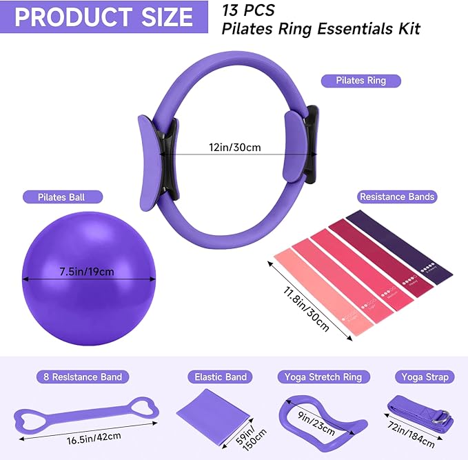 SAN LIKE Home Pilates Essentials Kit for Women, Pilates Equipment Ring and Ball Set, 12'' Magic Circle, Yoga Ball,8 Resistance Bands Premium Accessories Kits for Starter Toning Workouts at Home
