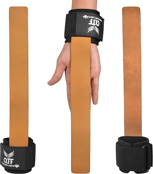 QTF Leather Lifting Wraps, Wrist Straps for Weightlifting, Wrist Support for Working Out, Bodybuilding, MMA, Powerlifting, Strength Training, Men & Women