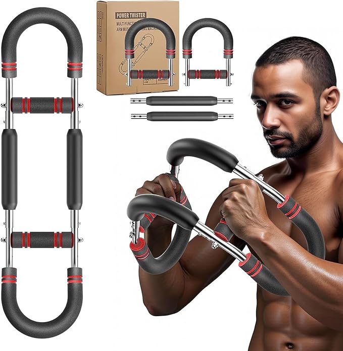 Twister Arm Trainer, Adjustable Chest Workout Equipment Upper Body Strength Training, Portable Power Twister Bar with Detachable Design, Arm Trainer, Home Gym & Travel Fitness Tool (RED)