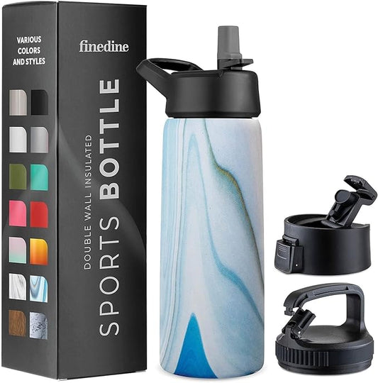FineDine Water Bottle - Stainless Steel Insulated Water Bottle with Straw Lid, Flip Lid & Wide-Mouth Cap - Keeps Hot and Cold - 25 Oz / 739ml - Exquisite Blue Marble
