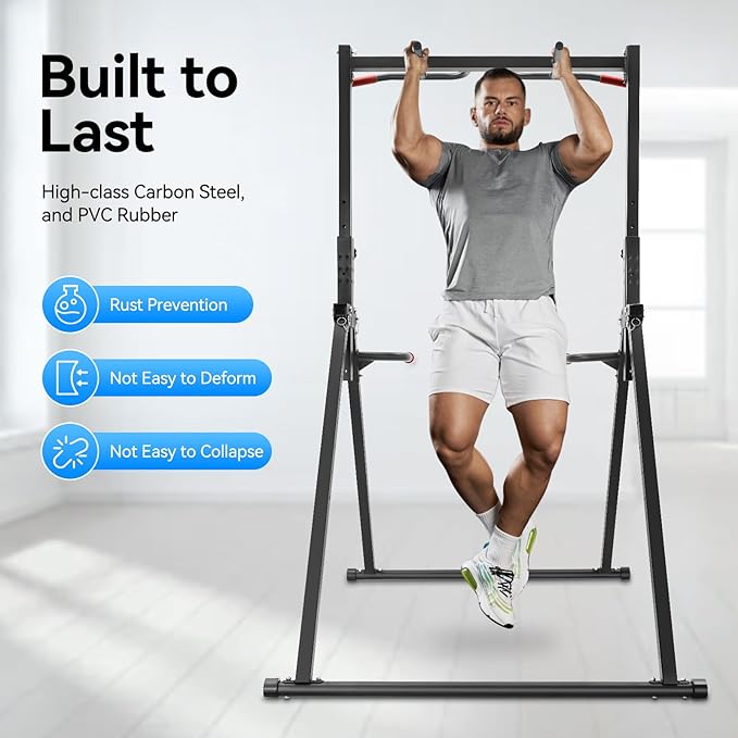 Pull Up Station, Triangular Power Tower, Foldable Pull Up Bar Stand, 440LBS Capacity Adjustable Height Dip Station for Home Gym, Strength Training Equipment
