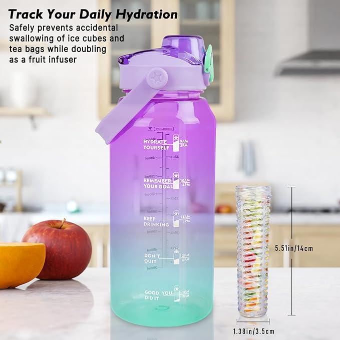 64oz Sports Water Bottle with Fruit Infuser, 2 in 1 Straw and Chug Motivational Water Bottle with Time Marker, Half Gallon Large Water Jug with Handle for Travel Fitness Gym Outdoor (Purple)