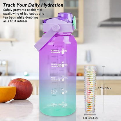 64oz Sports Water Bottle with Fruit Infuser, 2 in 1 Straw and Chug Motivational Water Bottle with Time Marker, Half Gallon Large Water Jug with Handle for Travel Fitness Gym Outdoor (Purple)
