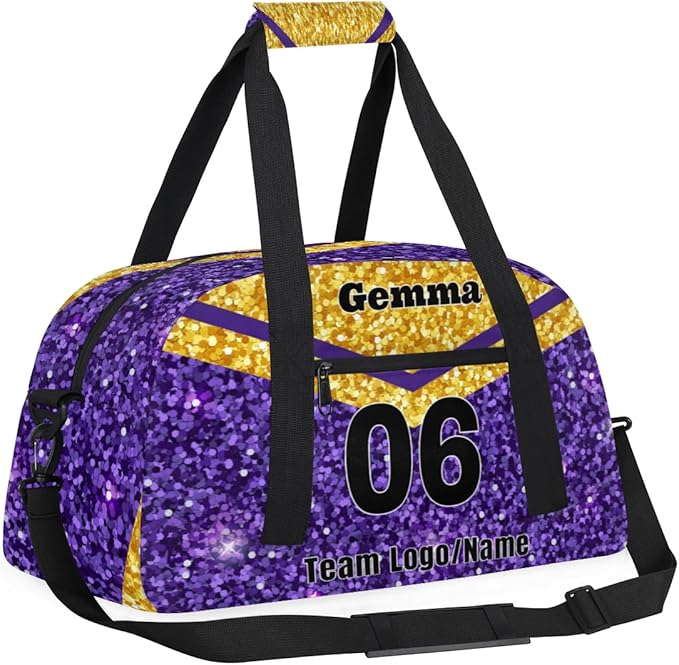 Personalized Cheerleaders' Bag with Team Number - Customized Travel Duffle Bag for Girls, Kids - Gold Purple Sequins Glitter