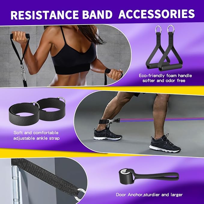 WHATAFIT Resistance Bands Set with Handles - Exercise Bands Home Gym Strength Training Equipment, Includes Door Anchor & Ankle Straps for Full Body Workout Bands, Physical Therapy