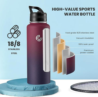 COKTIK 40oz Sports Water Bottle, Stainless Steel Water Bottle for Insulated, Reusable Travel Bottle, With Straw, With Handle Grip for Easy Carrying, Suitable for Cycling, Outdoor Vacations(Midnight)