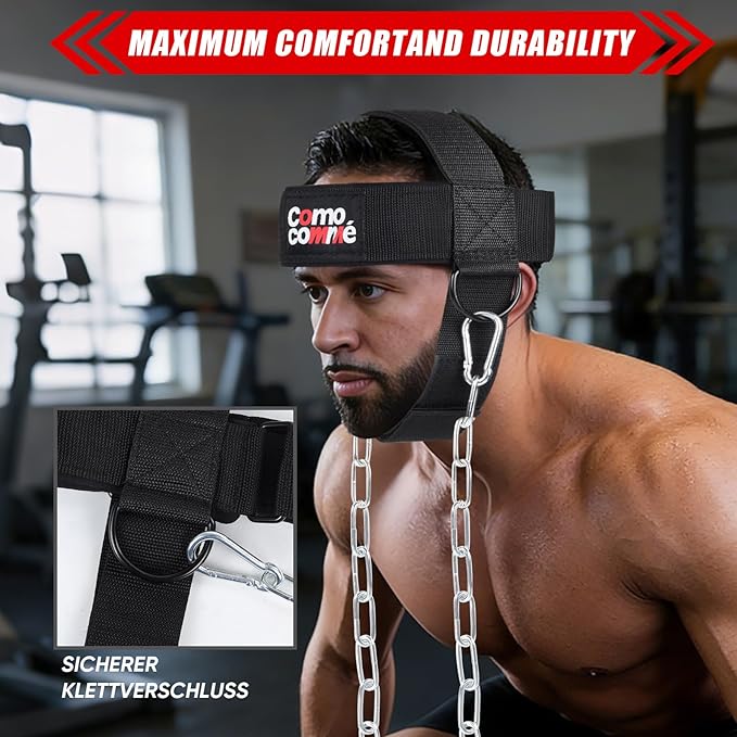 Fitness Neck Head Harness Trainer for Men and Women, Neck Exerciser with 29" Heavy Duty Steel Chain for Safely Lifting, Adjustable Neoprene Neck Exerciser for Weight Lifting, Home and Gym Use