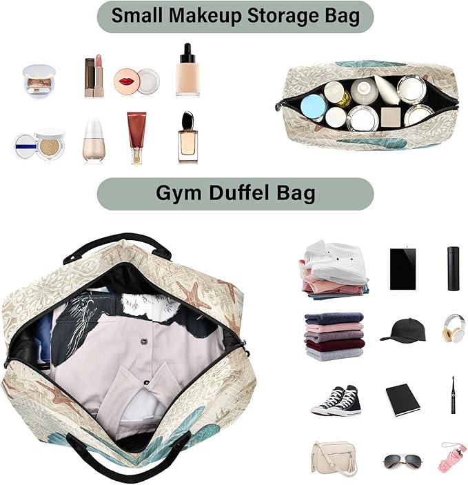 Weekender Bags Travel Duffel Gym Bag Carry on Overnight Tote Bag with Toiletry Bag for Airplane Travel Trip Gym Yoga (Sea Lives Turtle Coral)