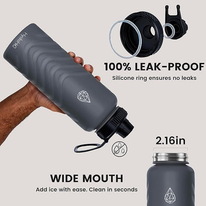 24oz Stainless Steel Insulated Water Bottle, 48H Ice Cold & 24H Hot, Leak-Proof Wide Mouth Lids (Straw & Spout), BPA-Free Bottles, Mens Water Bottle for Gym, Hiking, Travel - Grey