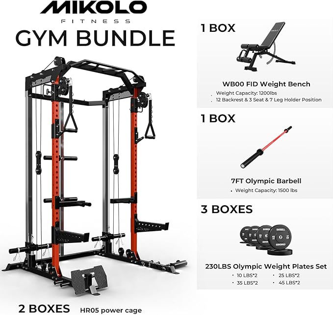 Mikolo Power Cage, 2000LB Power Rack with Independent Dual Pulley System, Multi-Function Home Gym Workout Machine for Cable Crossover