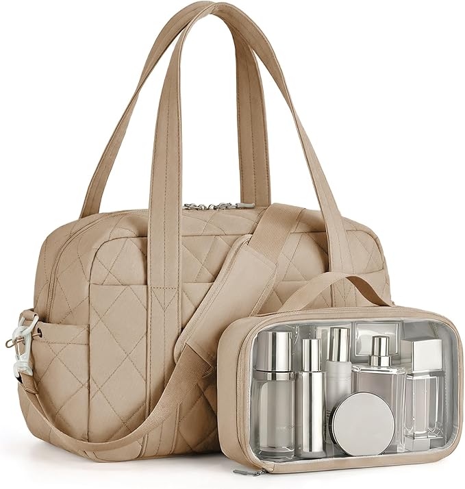 Percover Women Gym Bag with Toiletry Organizer Pouch, Quilted Workout Duffle with Compartments for Daily Fitness & Yoga, Locker-Friendly Soft Carry, Camel Tan